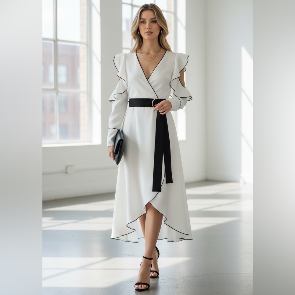 YIGELILA White Contrast Trim Ruffle Sleeve Belted Midi Dress | Size Small